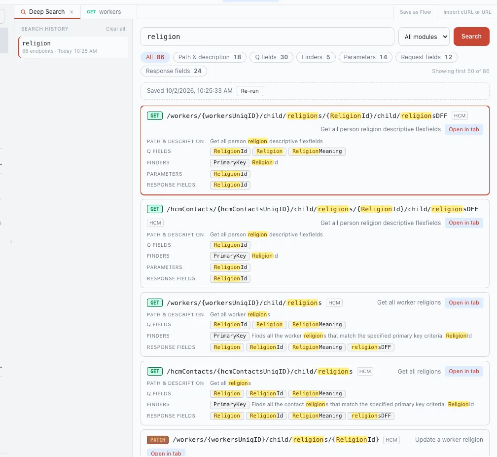 OPAL Deep Search results for "religion": 86 endpoints, grouped by endpoint, with the matching q fields, finders, parameters and response fields highlighted