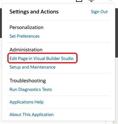 Settings and Actions menu in Oracle HCM Redwood with Edit Page in Visual Builder Studio under Administration