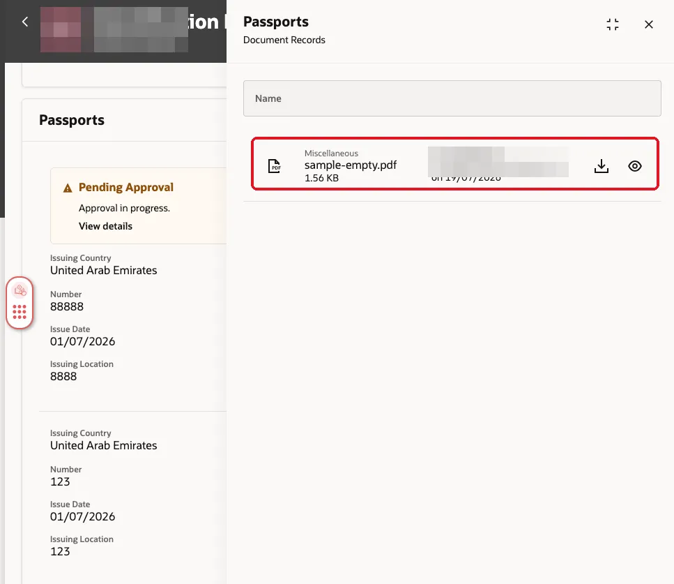 Passports Document Records panel listing the uploaded passport file with download and preview actions