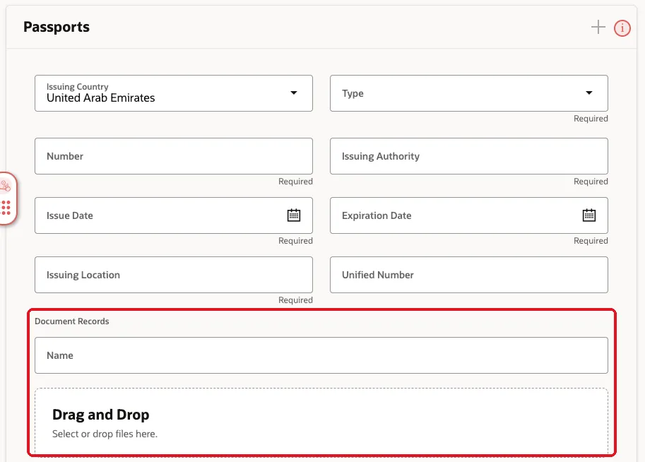 Redwood Passport form showing Issuing Country, Number, dates, and the native Document Records section with Name field and Drag and Drop upload area