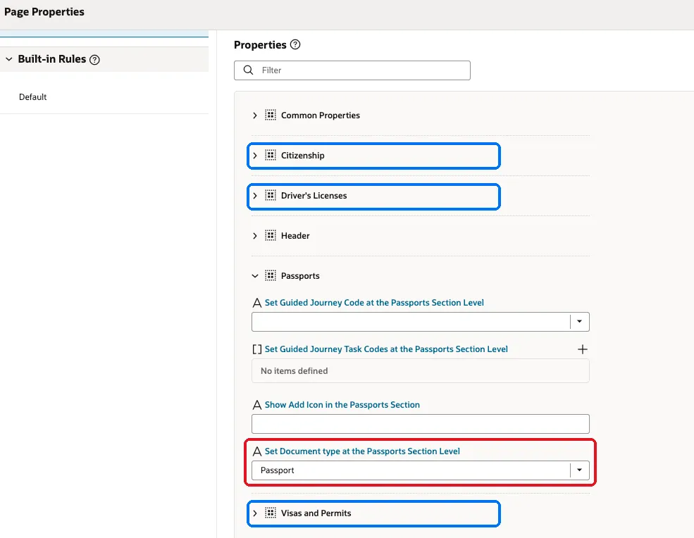 Page Properties panel with Set Document type at the Passports Section Level set to Passport highlighted in red, and the Citizenship, Driver&#x27;s Licenses, and Visas and Permits sections highlighted in blue