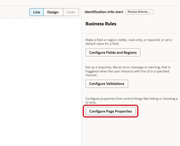 Visual Builder Studio Business Rules panel showing the Configure Page Properties option